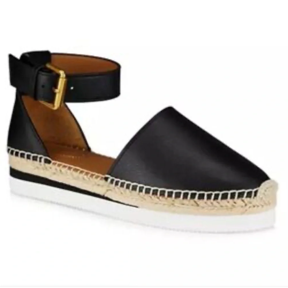See by Chloe -women’s Glyn Espadrille black leather ankle strap platform shoes 8